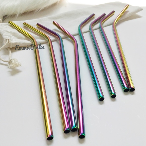 New Reusable Stainless Steel Oil Slick Holographic Tumbler Straw Set - Picture 2 of 14